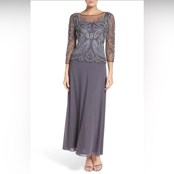 Pisarro Nights Beaded Mesh Chiffon Evening Gown Formal Gray Maxi Dress 14 - Picture 1 of 10